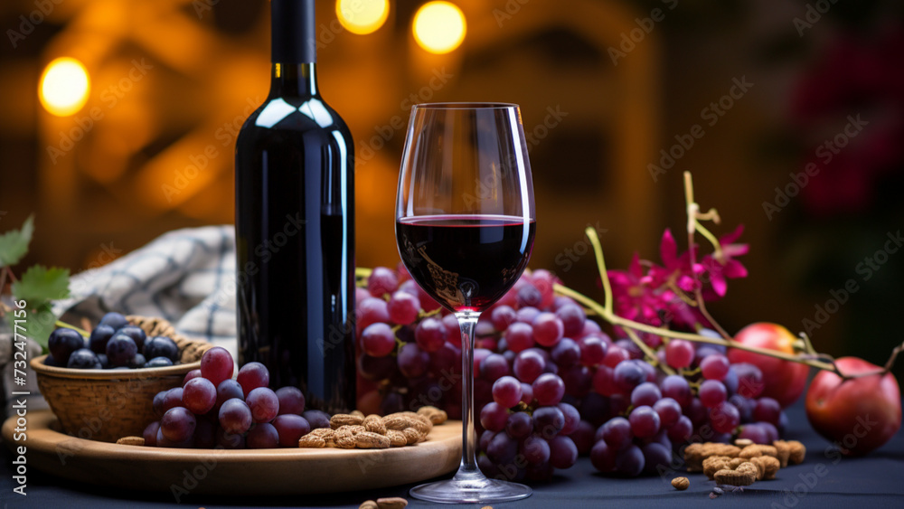 A glass of red wine, with a bottle and a bunch of grapes in the background. The camera angle is from the side, capturing the rich color of the wine. creating a romantic atmosphere. 