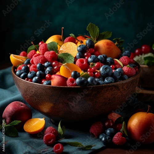 AI generated illustration of a bowl full of a variety of colorful fruits on a wooden table