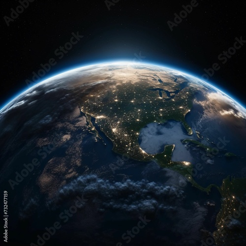 AI generated illustration of a stunning aerial view of the Earth illuminated by its own light