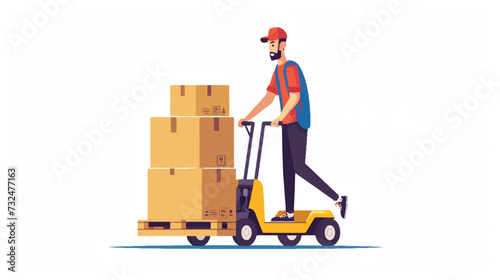 Warehouse worker transporting carton boxes of parcel.