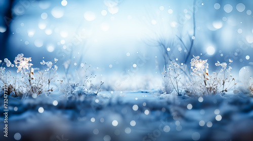 Winter landscape with frozen trees, snowflakes and blue bokeh lights.. Winter background. Generative AI technology.