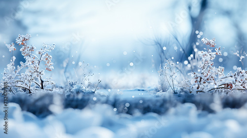 Winter landscape with frozen trees, snowflakes and blue bokeh lights.. Winter background. Generative AI technology.