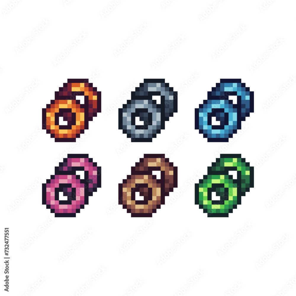 Pixel art sets icon of donut with variation color.Donut food icon on pixelated style. 8bits Illustration, perfect for design asset element your game ui. Simple pixel art icon asset.