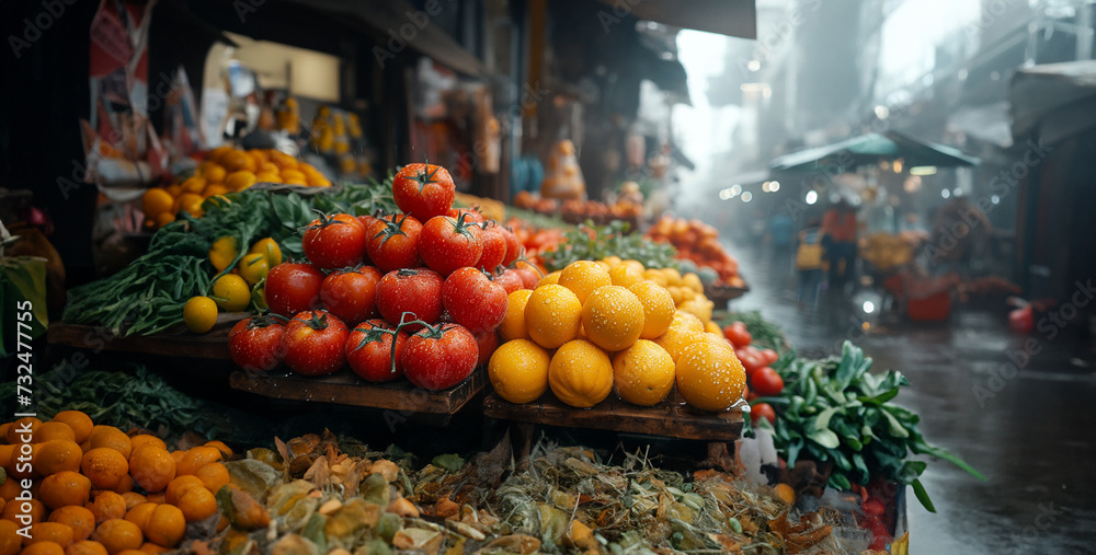 fruits and vegetables on market stall, fruits and vegetables