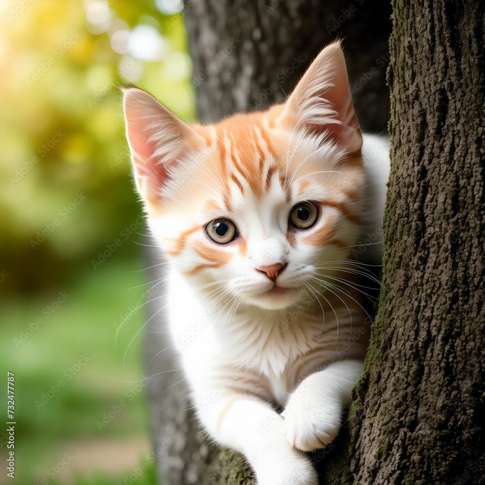AI generated illustration of a cute kitten peers around a large tree in a grassy meadow