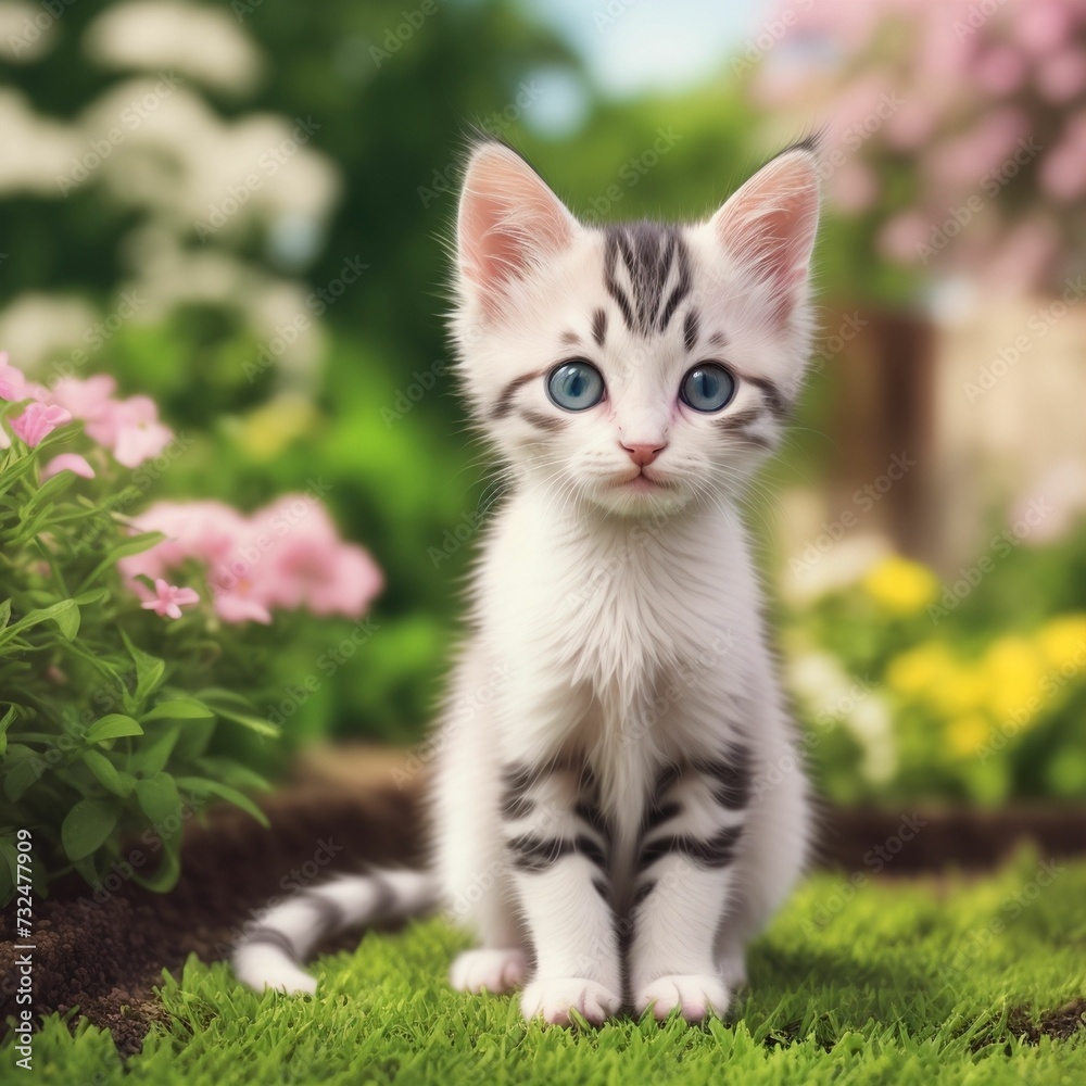 AI generated illustration of an adorable tabby cat sits in the lush green grass