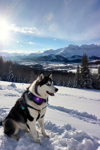 AI generated illustration of a husky with its tongue out sitting on a slope covered with snow