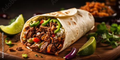 Fresh and Delicious Mexican Beef Burrito Wrap on a Wooden Table with Colorful Vegetables and Grilled Chicken.