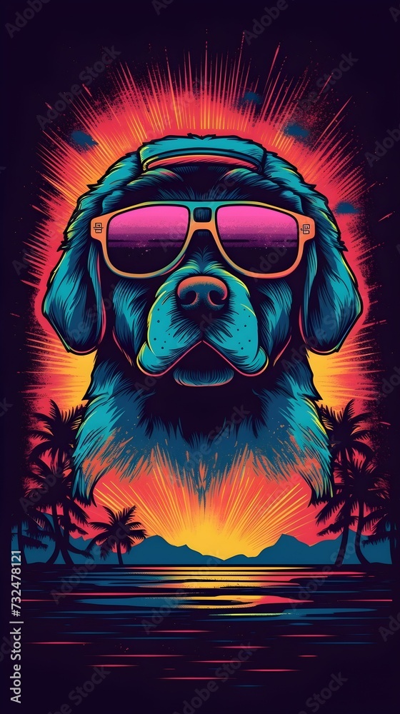 AI generated illustration of a Labrador Retriever wearing sunglasses on a sandy beach at sunset