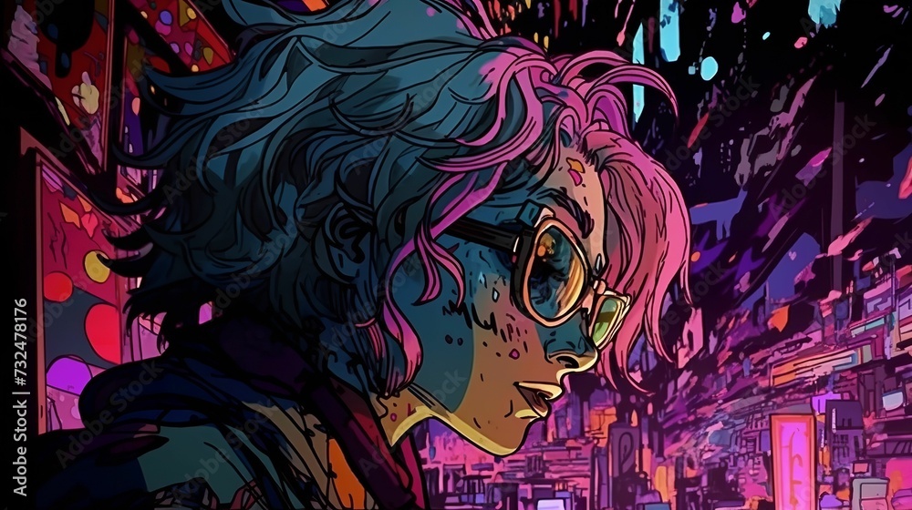 Detailed comic-book art of cool female character with pink hair in a busy street, ai-generated Detailed comic-book art of cool female character with pink hair in a busy street, ai-generated
