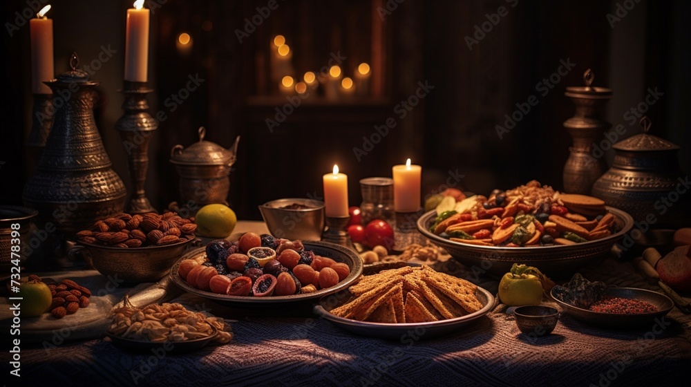 Zoom in on the delectable elements of Ramadan feasts, spotlighting the close view of traditional Arabic dishes featuring dates and almonds. Zoom in on the delectable elements of Ramadan feasts, spotlighting the close view of traditional Arabic dishes featuring dates and almonds.