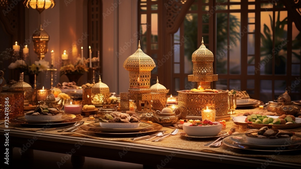 Zoom in on the intricately designed centerpieces that enhance the visual appeal of the Traditional Arabic Iftar Table. Zoom in on the intricately designed centerpieces that enhance the visual appeal of the Traditional Arabic Iftar Table.