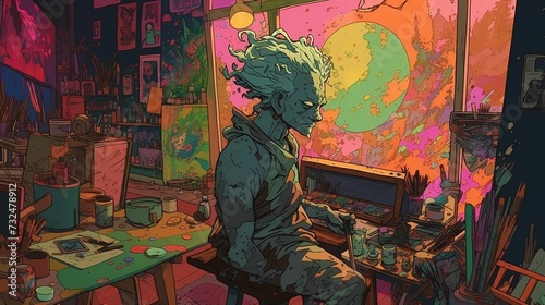 AI generated illustration of alien artist looking contemplatively at his artwork, comic book style