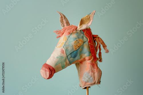 children's toy - the head of a beautiful fabric horse on a stick isolated on a pastel background. hobbyhorsing concept photo