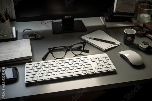 AI generated illustration of an organized and modern workspace featuring computer keyboard and mouse