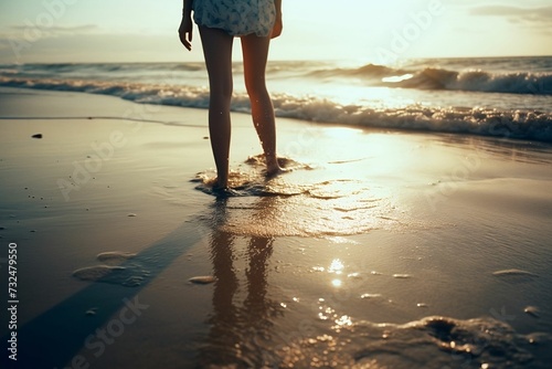 AI generated illustration of a female figure walking along a beach with the glistening ocean © Wirestock