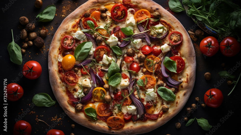 A vegetarian pizza with a variety of vegetables. The camera angle is from above, capturing the vibrant colors of the vegetables. The lighting is bright and natural.