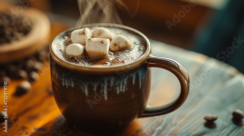 A brown ceramic mug  full of steaming hot marshmallow coffee  sitting on a table.