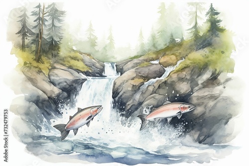 AI-generated illustration of two salmon leaping out of a flowing river, surrounded by lush foliage.