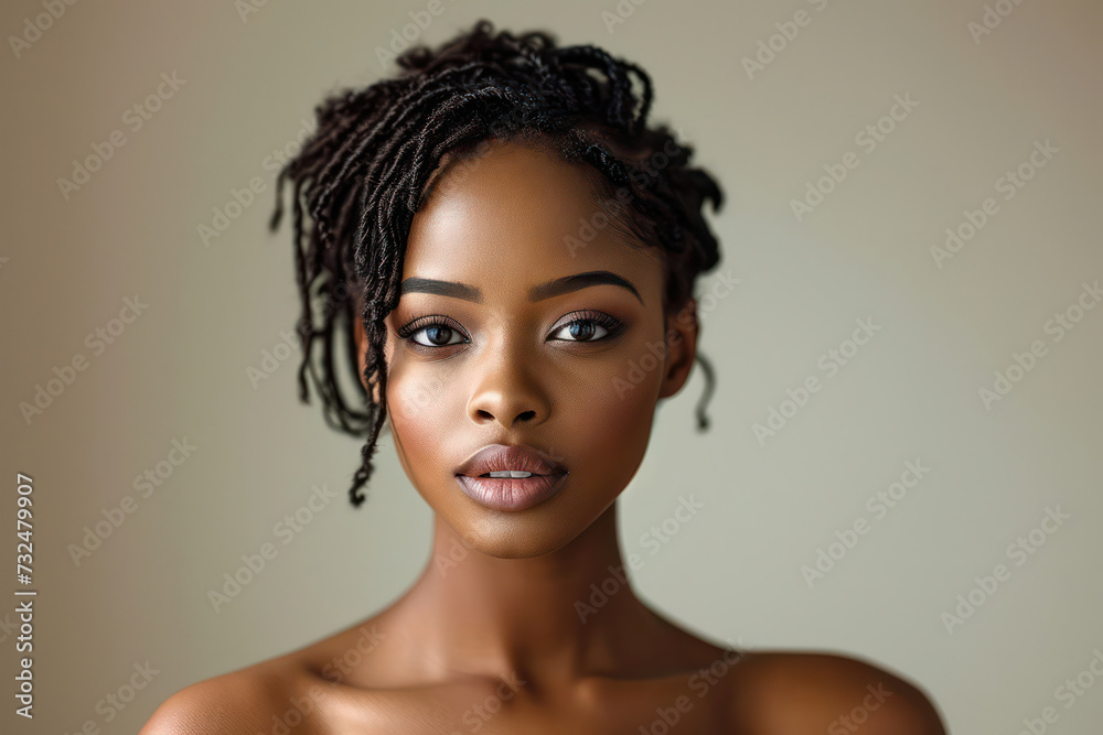 Natural Beauty: Young African American Woman with Curly Afro Hair, Posing Sensually against White Studio Background Natural Beauty: Young African American Woman with Curly Afro Hair, Posing Sensually against White Studio Background