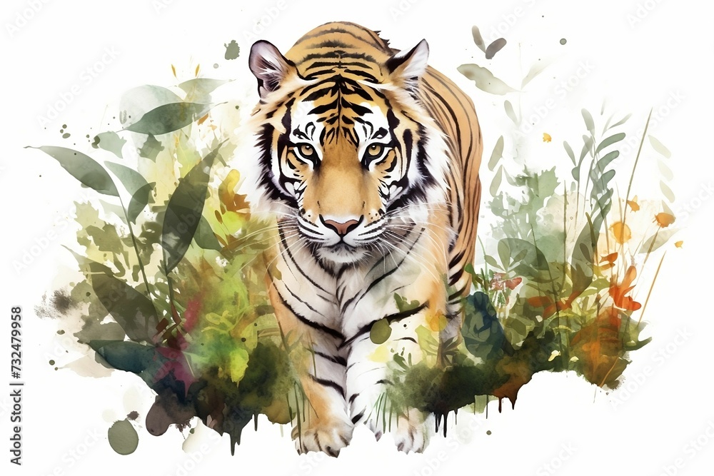 AI generated illustration of an adult Bengal tiger strides through a lush tropical vegetation - obrazy, fototapety, plakaty 