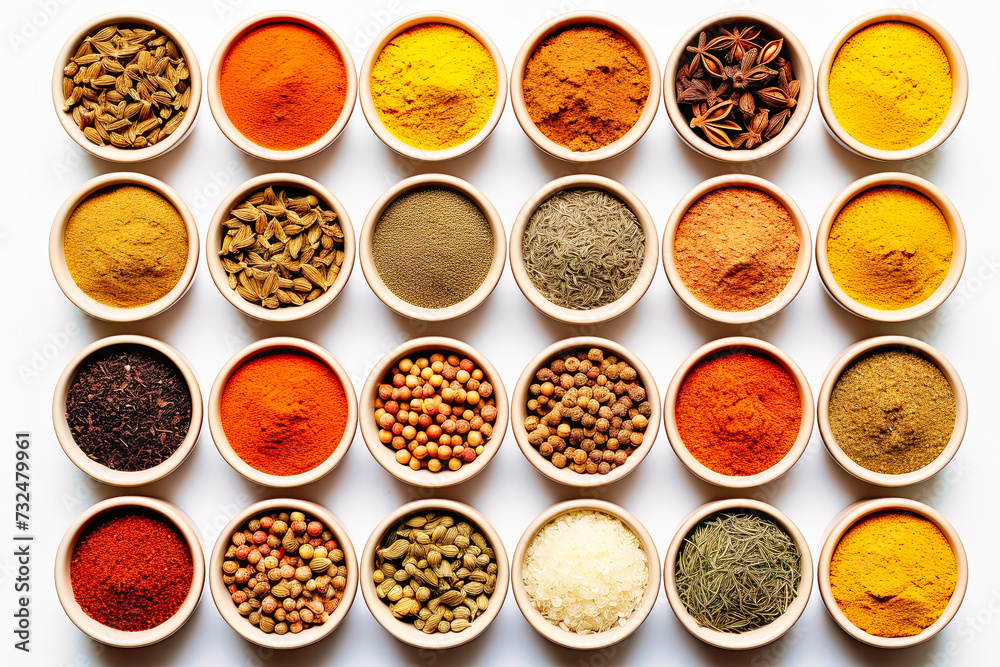 top view of Different seasonings in cups. Spice
