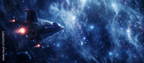 Fototapeta Naklejka Na Ścianę i Meble -   futuristic spaceship flies among outer space. banner