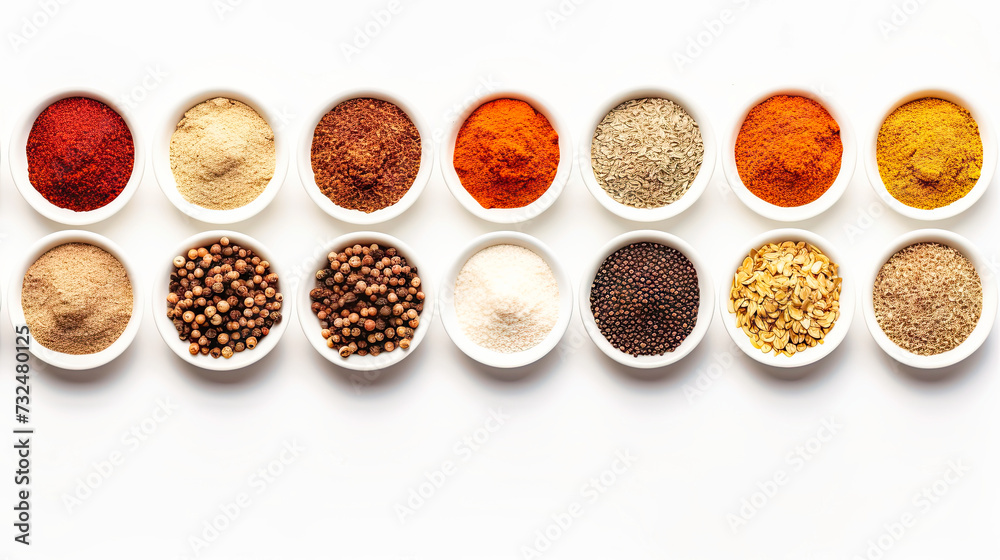 top view of Different seasonings in cups. Spice