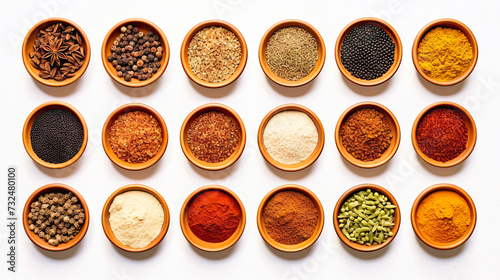 top view of Different seasonings in cups. Spice
