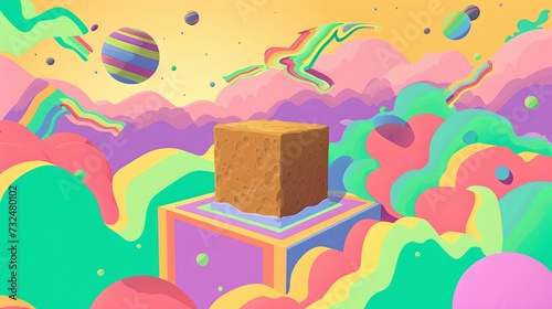 Illustration inspired by American television cartoons from the late 1990s of brown 3d rectangle on a colorful fantasy energetic background dreamy good Soft pastel color palette, green and purple hues.