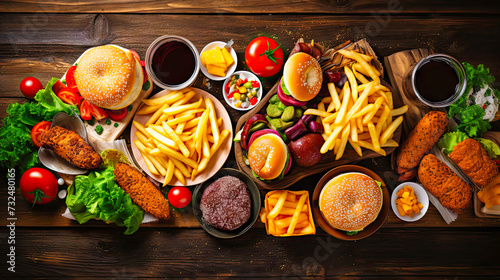 top view of variety of junk food on wooden table