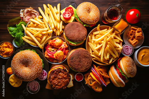 top view of variety of junk food on wooden table photo