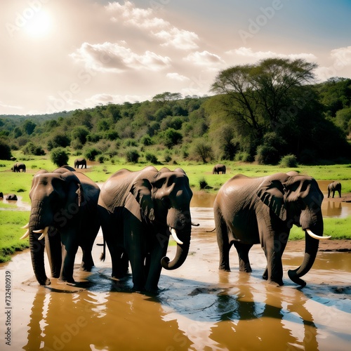 AI generated illustration of a herd of African elephants walking in a lake near a dirt road