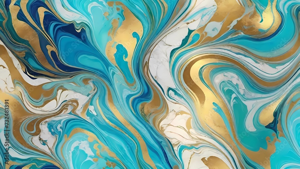 Arte fluida con onde di marmo di colori turchese, oro e bianco che si mescolano creando un effetto marmoreo Arte fluida con onde di marmo di colori turchese, oro e bianco che si mescolano creando un effetto marmoreo