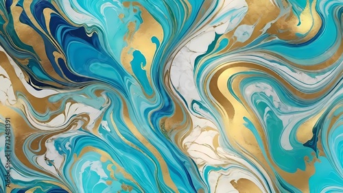 Arte fluida con onde di marmo di colori turchese, oro e bianco che si mescolano creando un effetto marmoreo photo