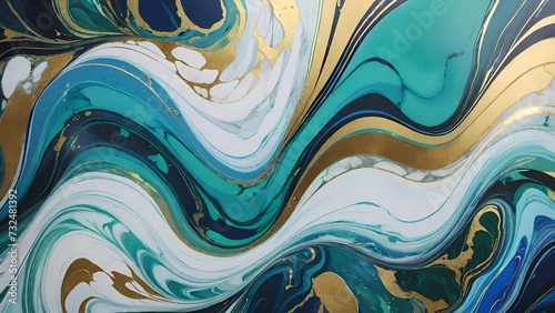 Arte fluida con onde di marmo di colori turchese, oro e bianco che si mescolano creando un effetto marmoreo