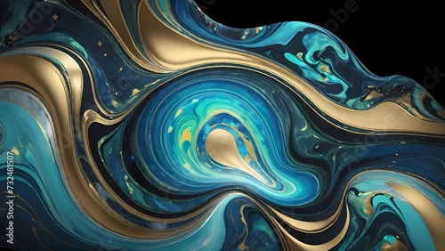 Arte fluida com ondas de mármore nas cores turquesa, ouro e branco que se misturam criando um efeito marmoreado