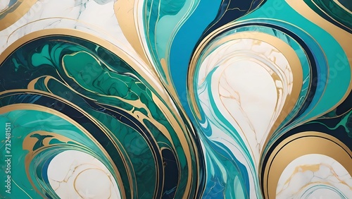 Arte fluida com ondas de mármore nas cores turquesa, ouro e branco que se misturam criando um efeito marmoreado photo