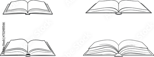 Continuous One Line Drawing of Open Book set, logo type, book icons