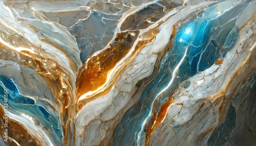 Fluid art with marble waves in turquoise, gold, and white colors blending to create a marbled effect.