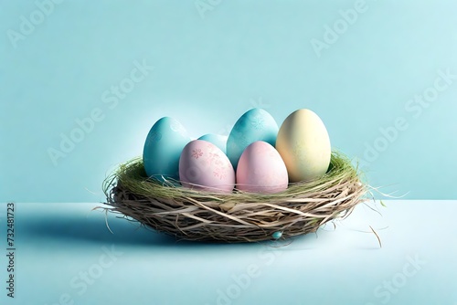 Delightful image of a pastel-hued Easter egg nestled in a nest on the side, against a gentle sky-blue background, providing a serene and flat surface for your celebratory message