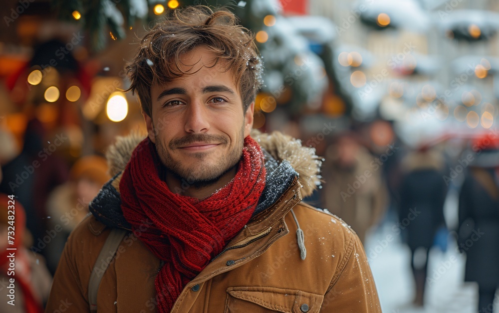 Winter Chic: A Man in a Brown Jacket and Red Scarf Smiles for the Camera Generative AI