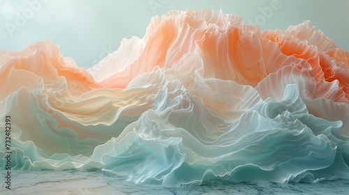 A serene and entrancing abstract landscape is evoked by cascading ribbons of glistening pearl white, soft coral, and ethereal blue that merge elegantly on a spotless marble surface. 
