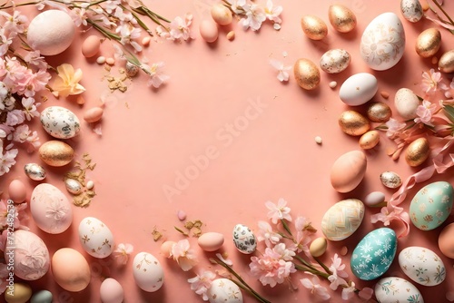 Overhead shot of a soft peachy-pink background featuring detailed Easter embellishments and an assortment of eggs, capturing a bird's eye view for your celebratory message