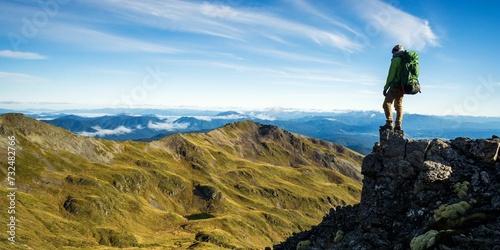 Man on the top of a mountain overlooking the Nelson Lakes National Park in New Zealand photo