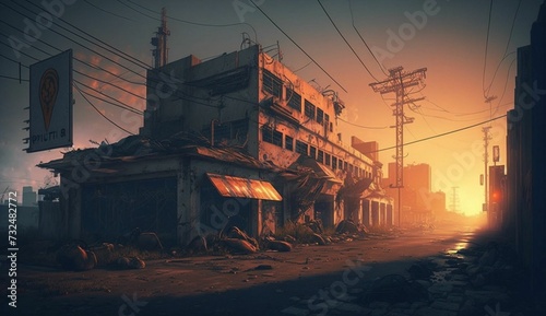 a burned up city with many windows in the sunset light
