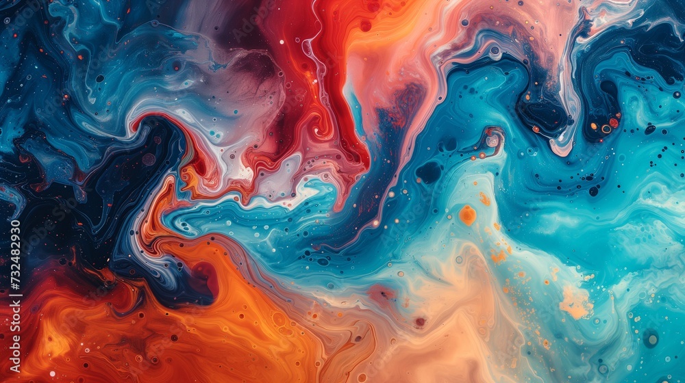 Bright and vivacious abstract show created by dynamic bursts of cosmic indigo, dazzling teal, and radiant scarlet crashing in a spirited dance over a sleek marble surface. 
 - obrazy, fototapety, plakaty 