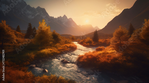 AI generated illustration of a tranquil river flowing through a mountainous landscape in autumn © Wirestock