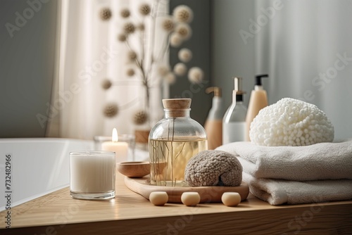 AI generated illustration of candles, soft towels, and oil in a glass container in a bathroom