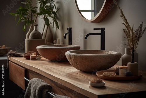 AI generated illustration of a round, wooden wash basin beside a reflective mirror atop a countertop